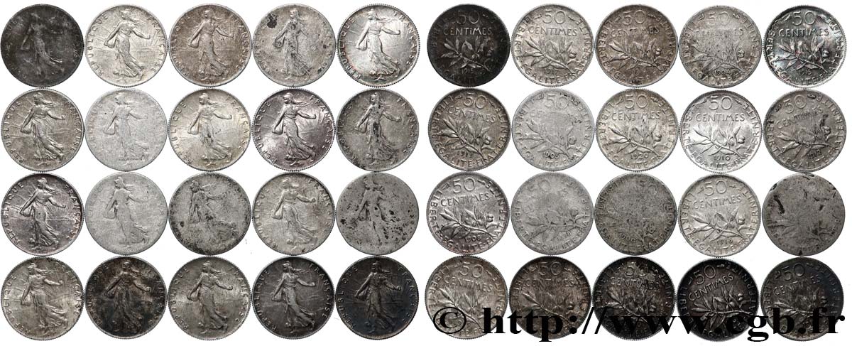 Lot de 20 pièces de 50 centimes Semeuse n.d. s.l. F.190/- AB/SUP