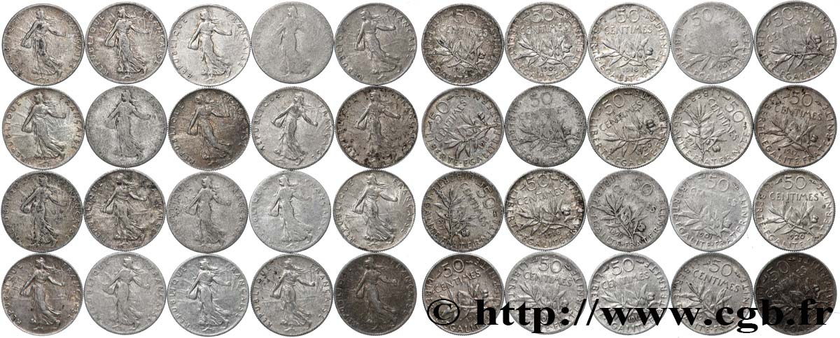 Lot de 20 pièces de 50 centimes Semeuse n.d. s.l. F.190/- AB/SUP