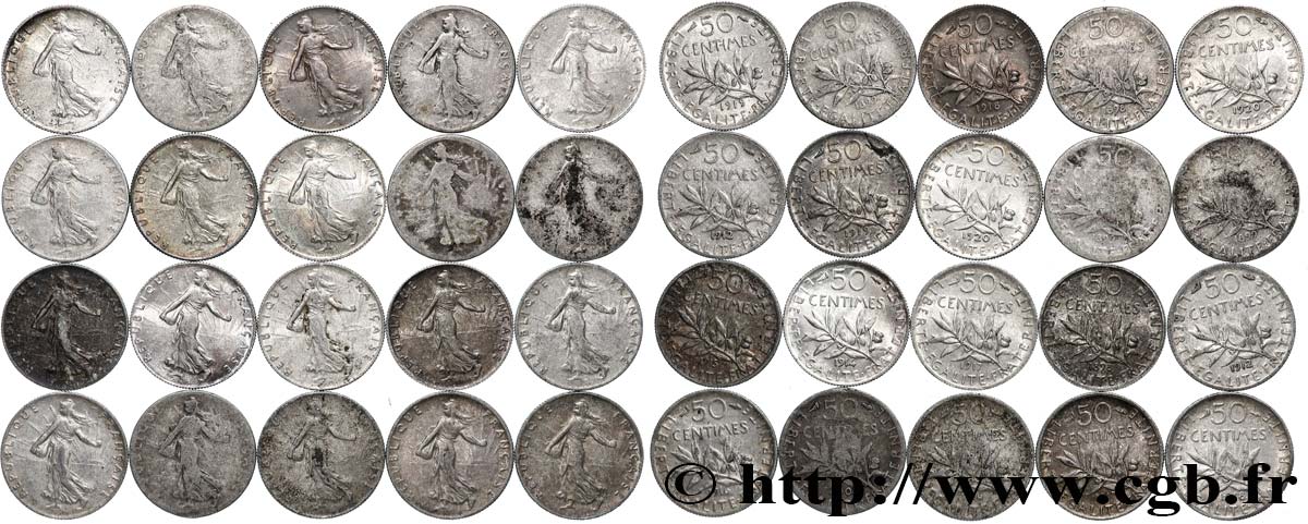 Lot de 20 pièces de 50 centimes Semeuse n.d. s.l. F.190/- G/AU