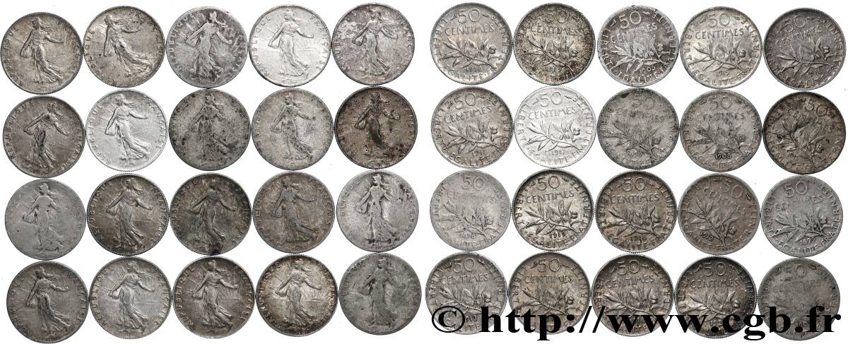 Lot de 20 pièces de 50 centimes Semeuse n.d. s.l. F.190/- AB/SUP