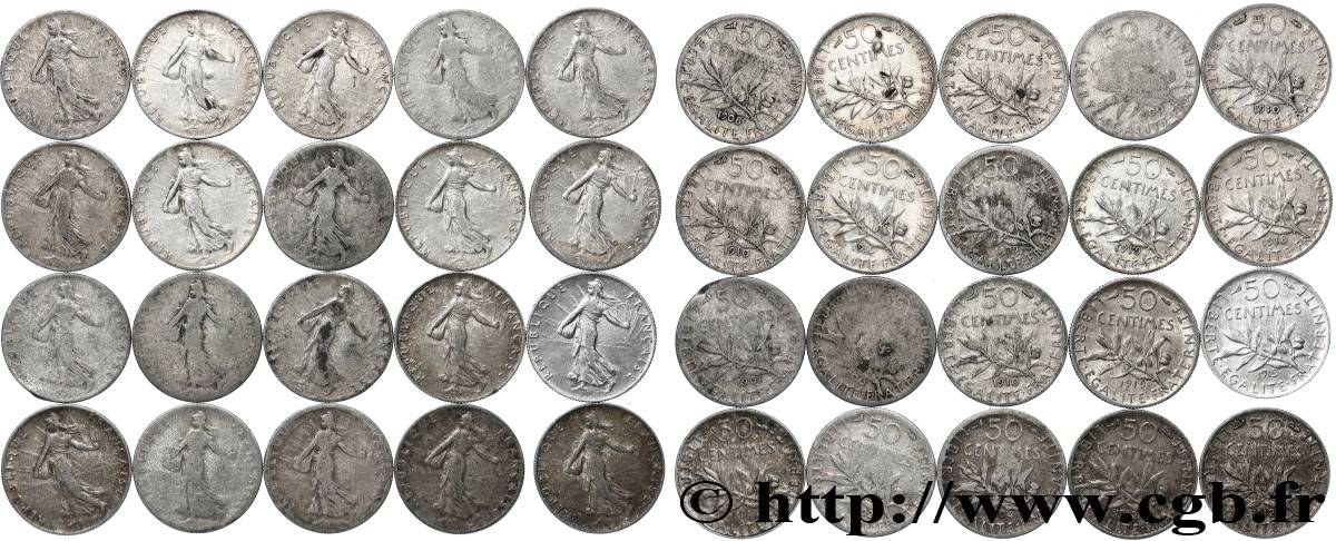 Lot de 20 pièces de 50 centimes Semeuse n.d. s.l. F.190/- AB/SUP