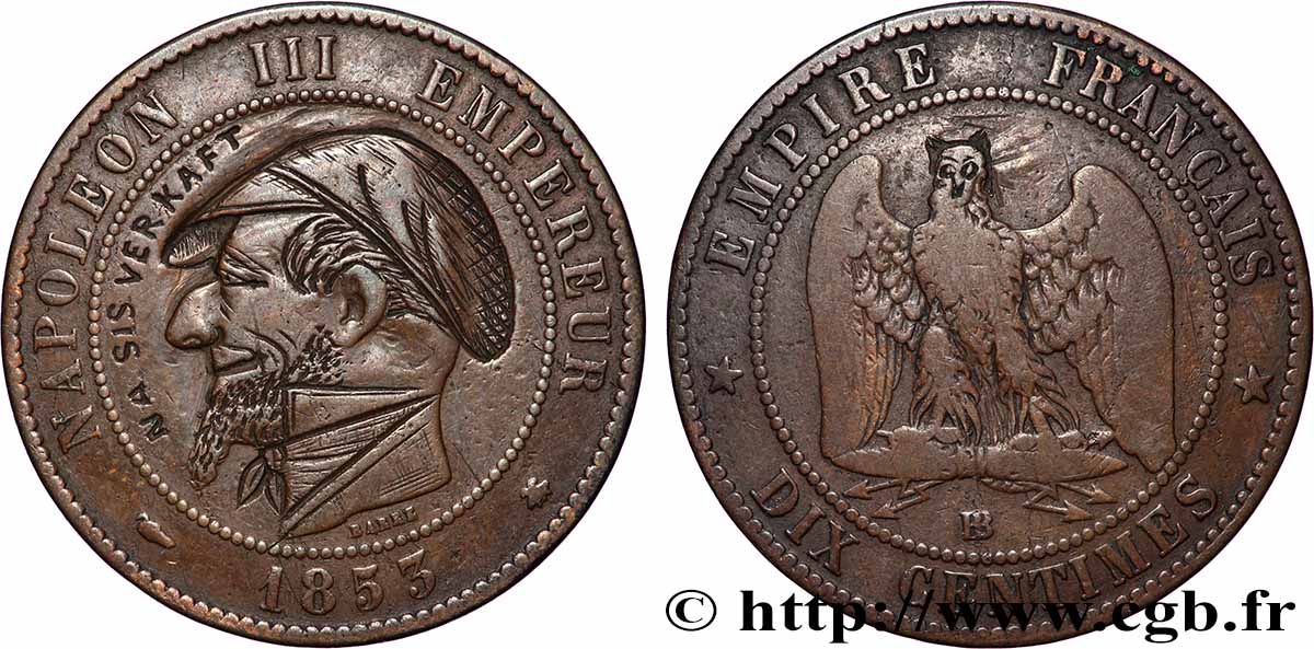 Dix centimes Napoléon III, tête nue, satirique 1853 Strasbourg F.133/4 var. VF