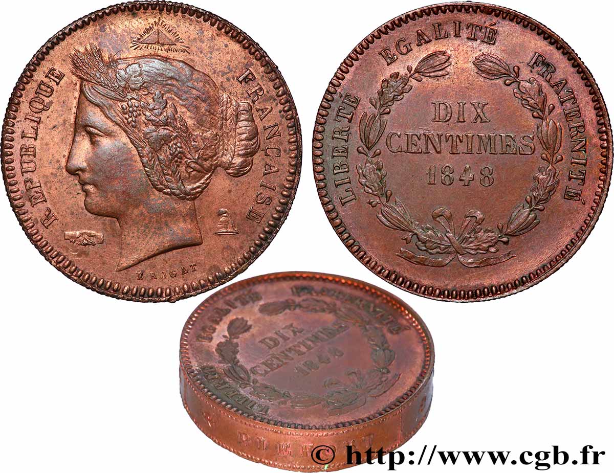 Concours de Dix centimes en Cuivre, piéfort au quadruple (ou double piéfort), par Rogat, premier concours, deuxième revers 1848 Paris VG.3152 var. SUP+