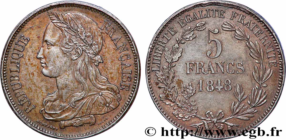 Concours de 5 francs, essai en étain par Montagny 1848 Paris VG.3088 var. SUP+