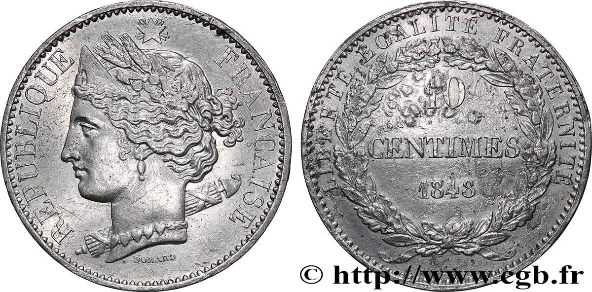 Concours de 10 centimes, essai en étain par Domard, second avers, deuxième revers 1848 Paris VG.3138 var. SS