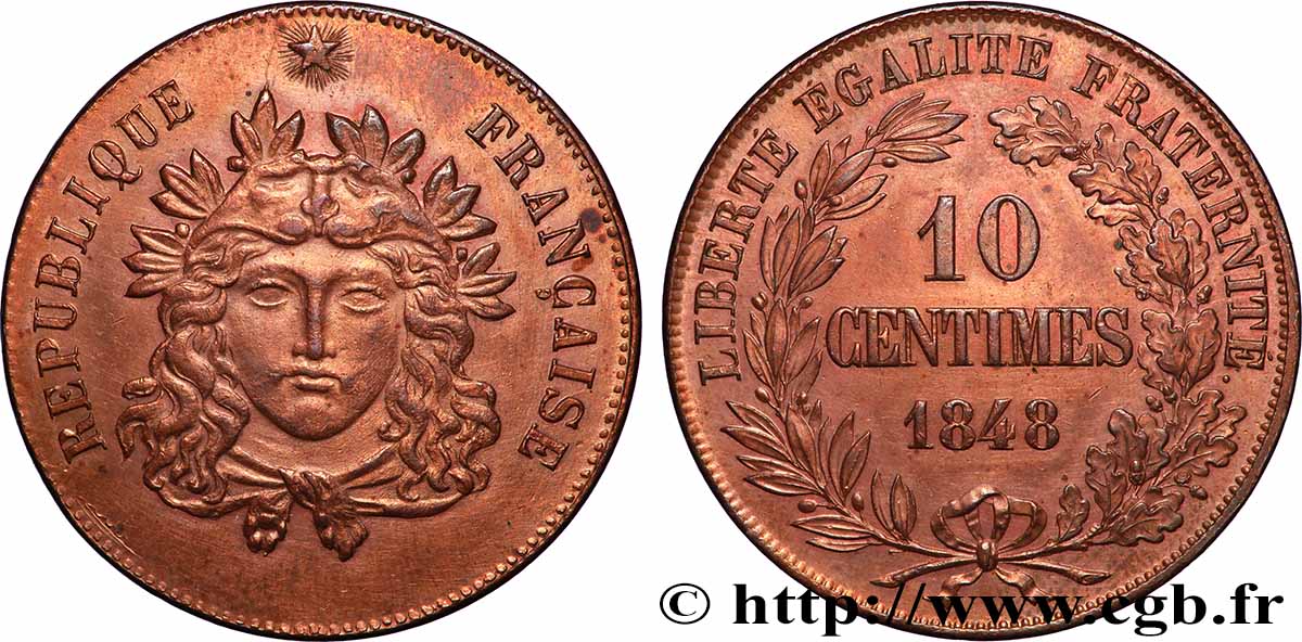 Concours de 10 centimes, essai en cuivre Gayrard, premier concours, troisième revers 1848 Paris VG.3141 var. EBC