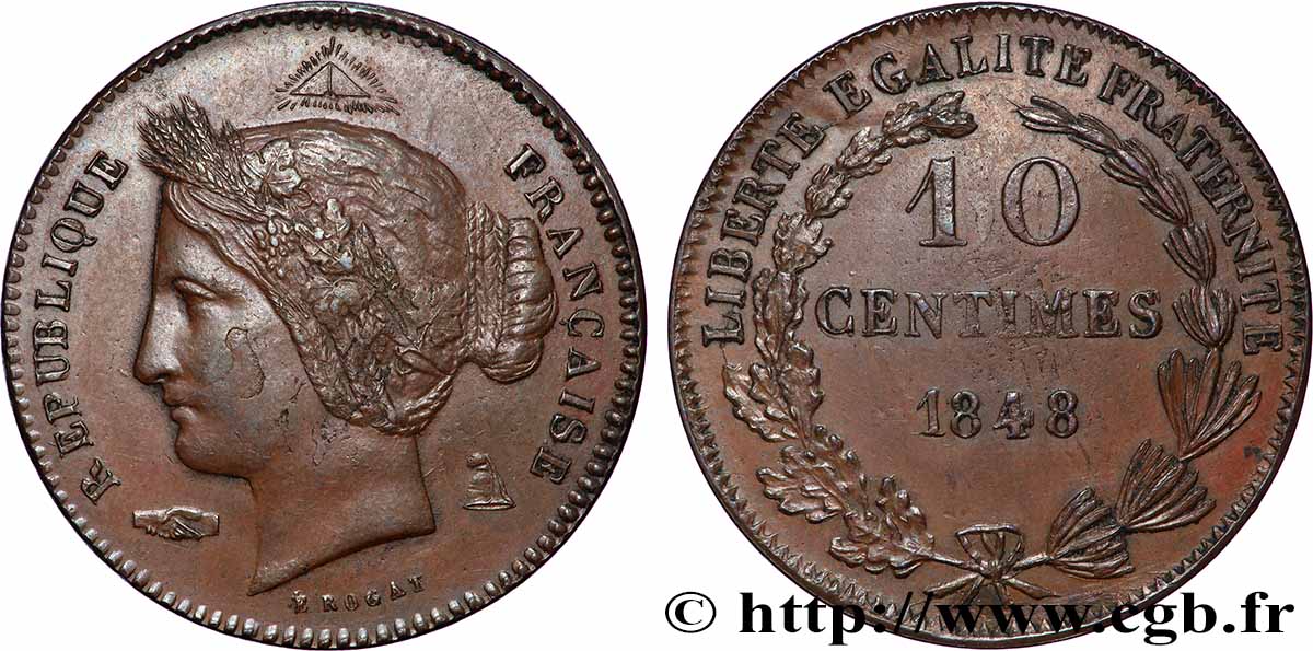 Concours de 10 centimes, essai en cuivre par Rogat, premier concours, quatrième revers 1848 Paris VG.3169 var. SUP