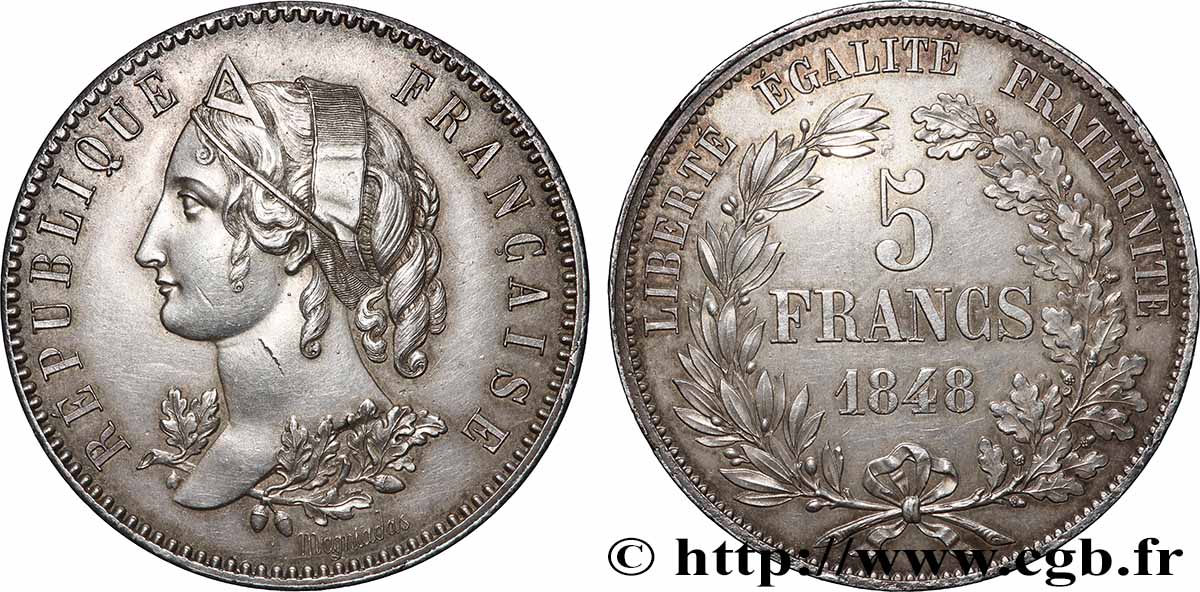 Concours de 5 francs, essai en cuivre argenté par Magniadas 1848 Paris VG.3082 var AU