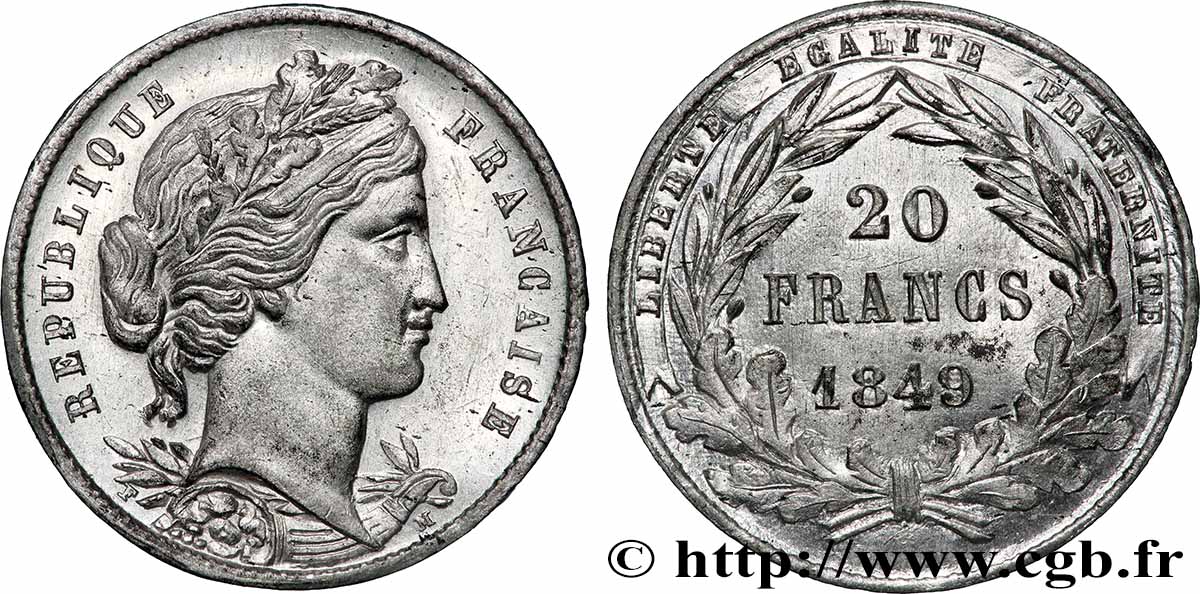Concours de 20 francs, essai en étain attribué à Malbet 1849 VG.3029 var SUP+