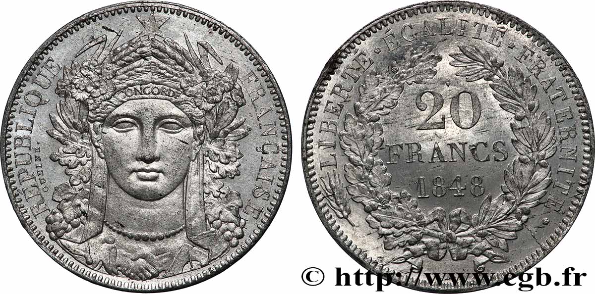 Concours de 20 francs, essai d Oudiné 1848 Paris VG.3035 var SUP+