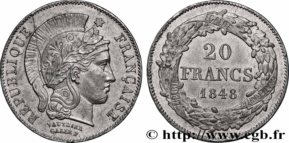 Concours de 20 francs, essai en étain de Vauthier-Galle 1848 Paris VG.3038 var SUP+