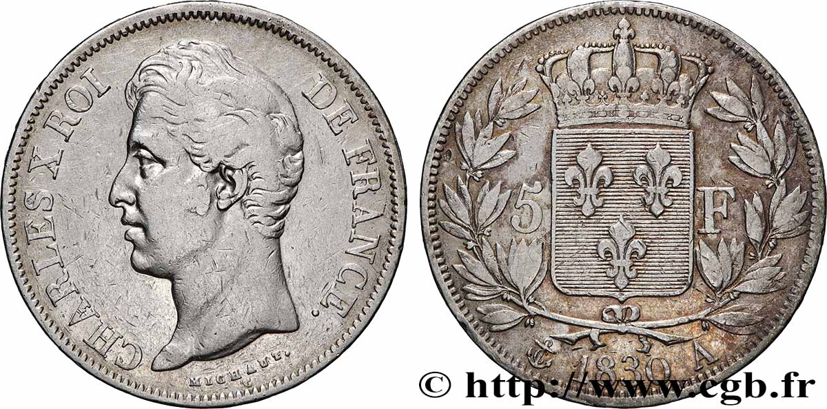 5 francs Charles X 2e type, tranche en relief 1830 Paris F.312/1 VF