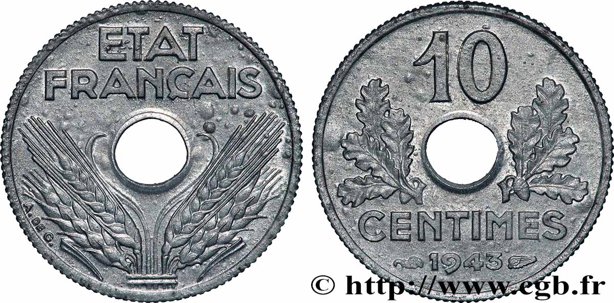 10 centimes État français, petit module 1943 F.142/2 MS63