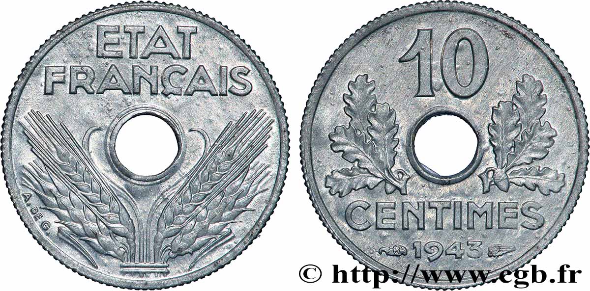 10 centimes État français, petit module 1943 F.142/2 MS64