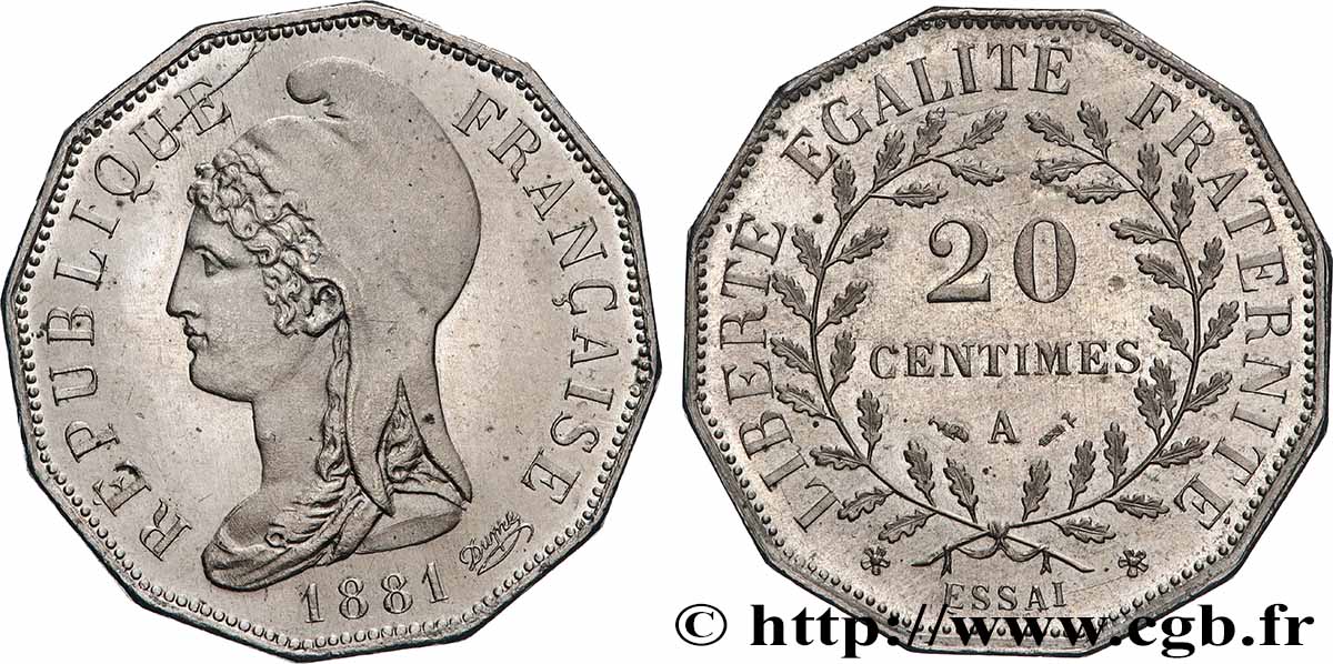 Essai de 20 centimes d’après Dupré, sur flan dodécagonal 1881 Paris GEM.49 1 var. MS