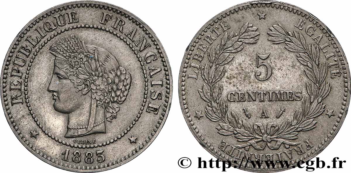 Épreuve en Cupro-Nickel de 5 centimes Cérès 1883 Paris GEM.9 5 var. AU