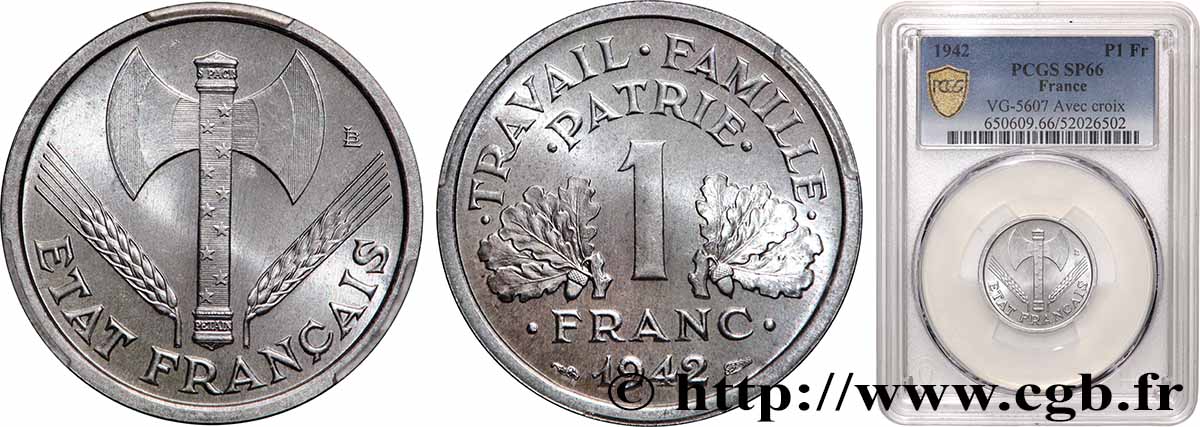 1 franc Francisque, lourde, avec les croix 1942 Paris F.222/2 MS66 PCGS