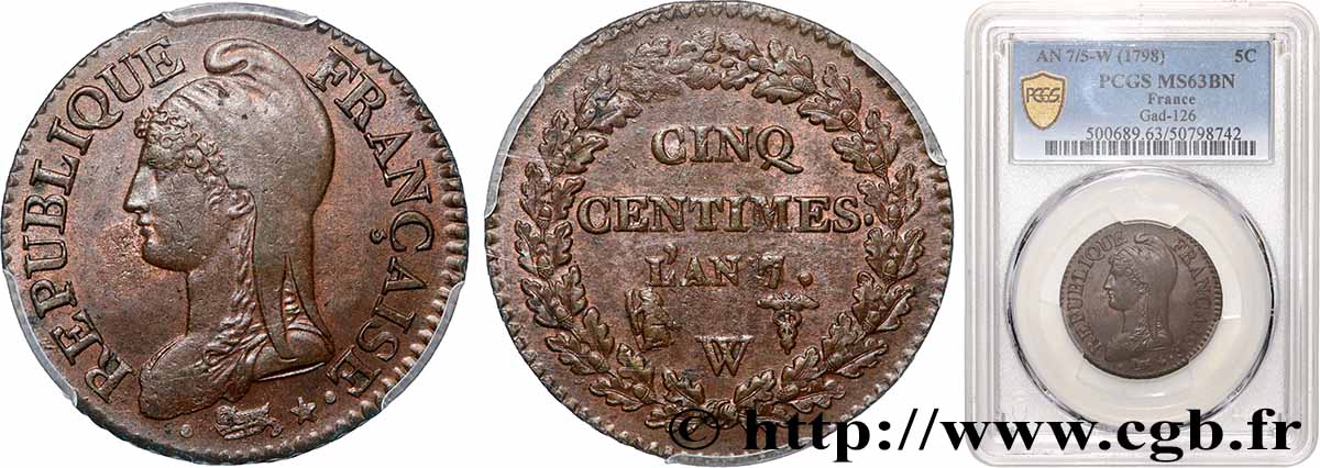 Cinq centimes Dupré, grand module 1799 Lille F.115/78 MS63 PCGS