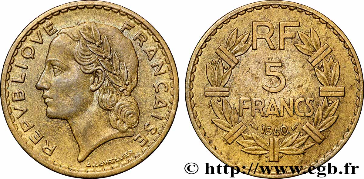 5 francs Lavrillier, bronze-aluminium 1940 F.337/4 fVZ