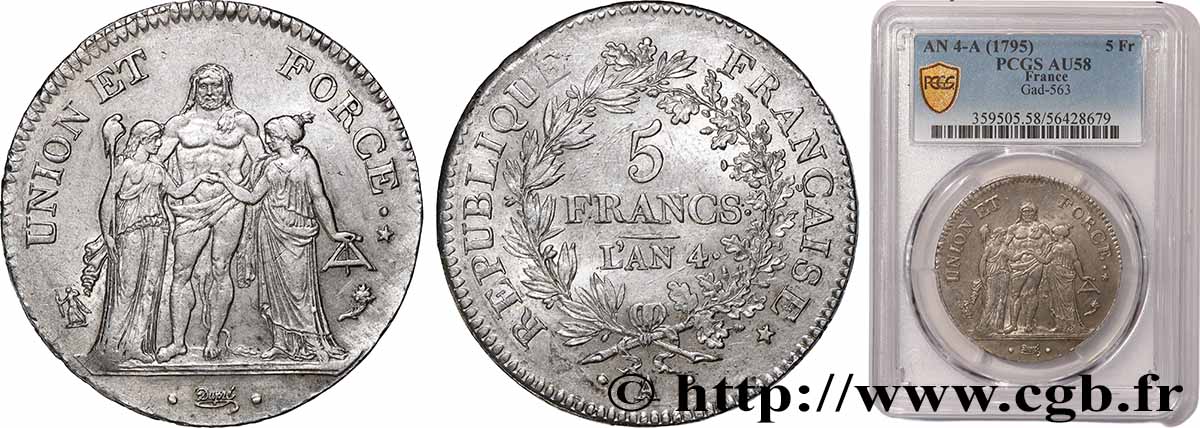 5 francs Union et Force, Union serré, avec glands intérieurs et gland extérieur 1796 Paris F.288/3 SUP58 PCGS