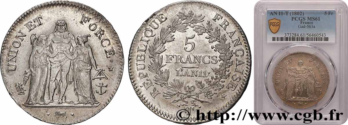 5 francs Union et Force, Union serré, avec glands intérieurs et gland extérieur 1803 Nantes F.288/202 SUP61 PCGS
