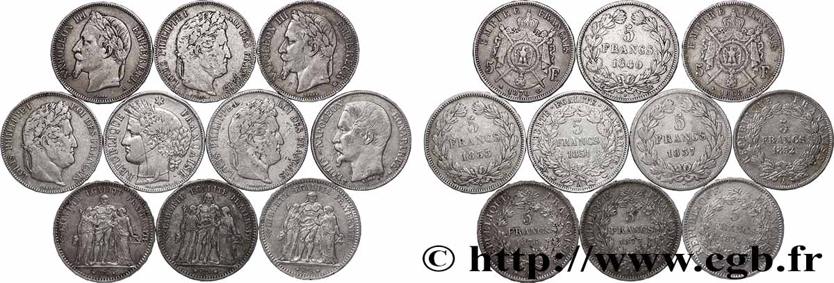 Lot de dix écus de 5 francs n.d. F.-/ TB