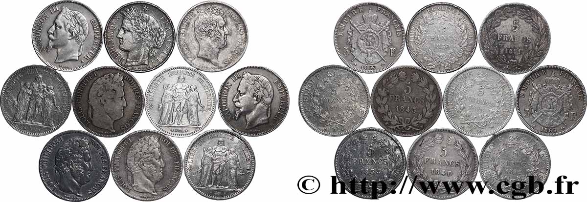 Lot de dix écus de 5 francs n.d. F.-/ VF