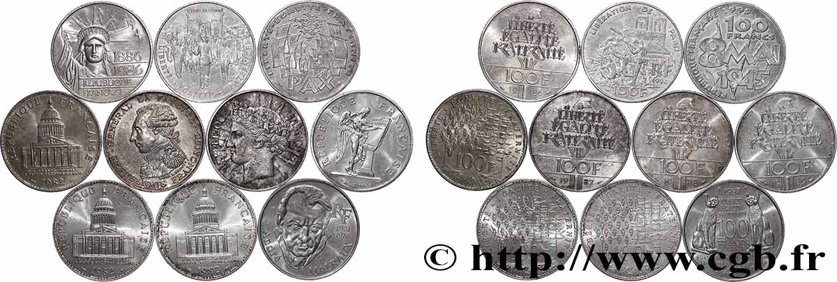 Lot de 10 pièces de 100 francs commémoratives - - F.-/ XF