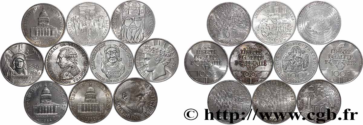 Lot de 10 pièces de 100 francs commémoratives - - F.-/ TTB