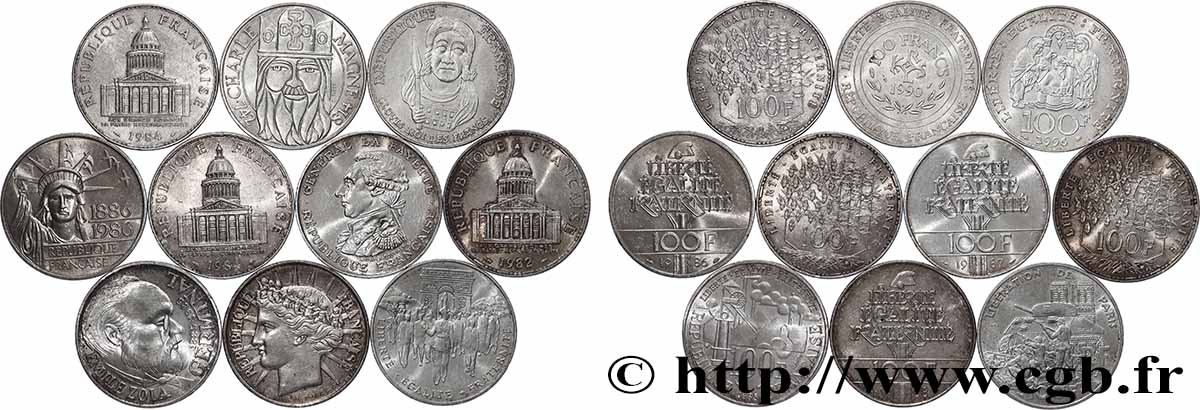 Lot de 10 pièces de 100 francs commémoratives - - F.-/ XF