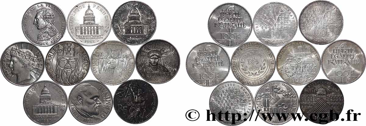 Lot de 10 pièces de 100 francs commémoratives - - F.-/ XF