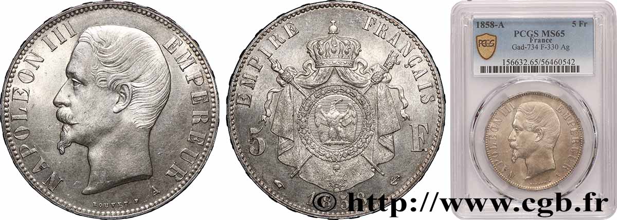 5 francs Napoléon III, tête nue 1858 Paris F.330/11 FDC65 PCGS