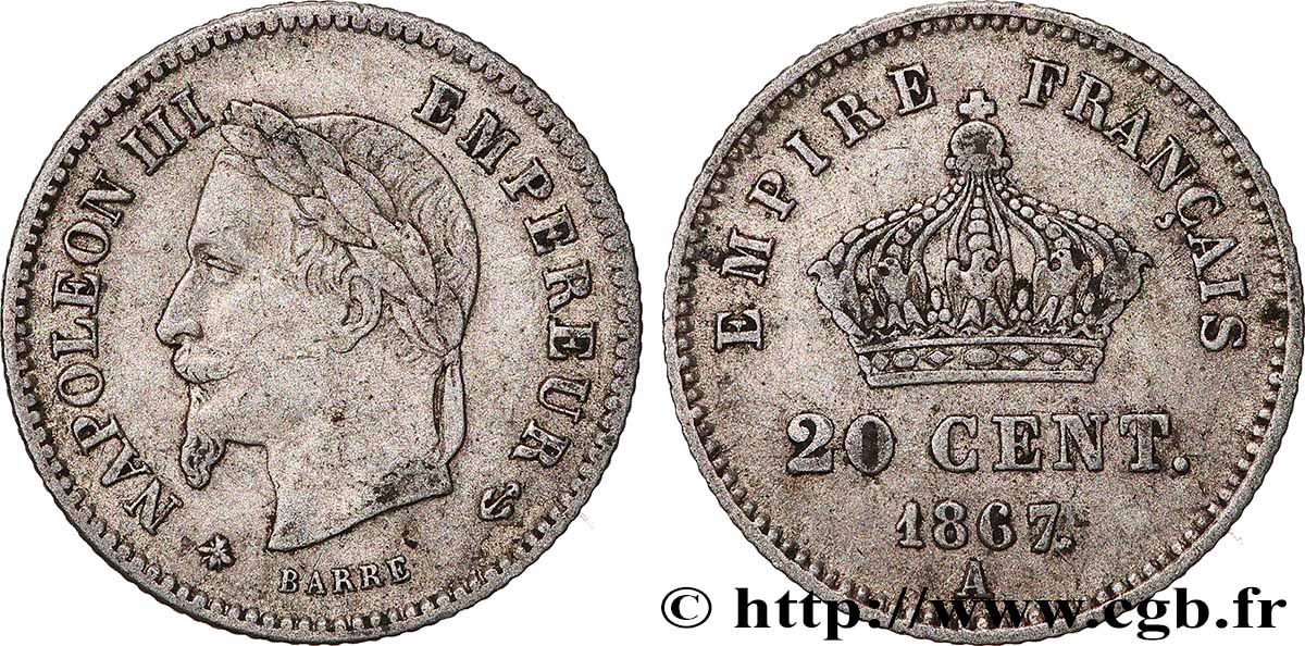 20 centimes Napoléon III, tête laurée, grand module 1867 Paris F.150/1 S
