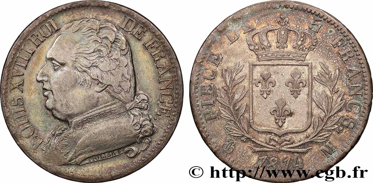 5 francs Louis XVIII, buste habillé 1814 Toulouse F.308/9 TB+