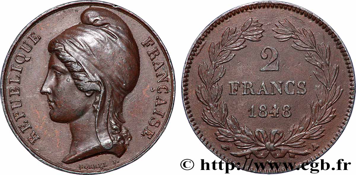 Reproduction fantaisiste hybride de 2 francs 1848 Paris SPL