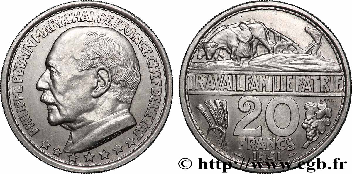 Essai de 20 francs Pétain en Nickel par Bouchard 1941 Paris GEM.201 4 MS