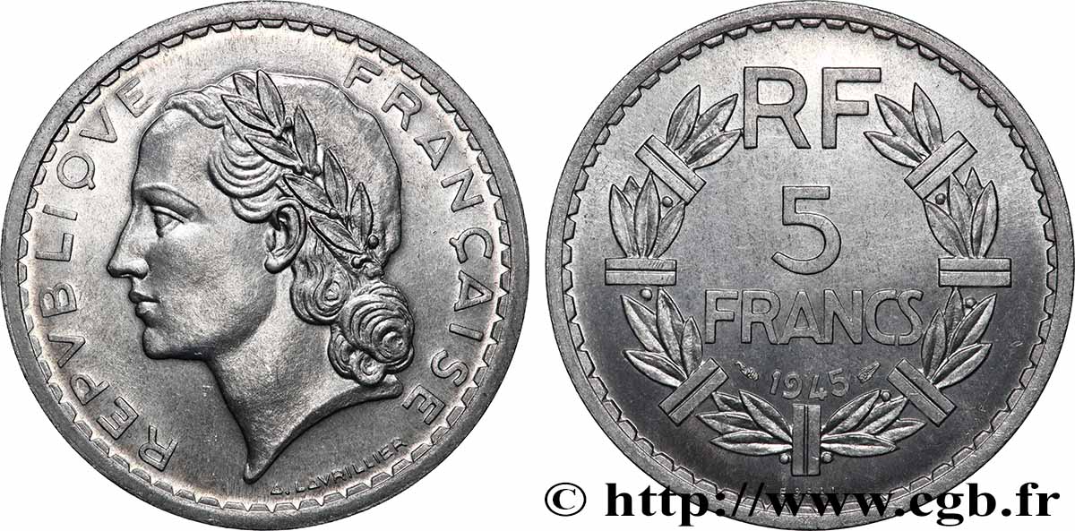 Essai de 5 francs Lavrillier, aluminium, 3,47 g 1945 F.339/1 MS63
