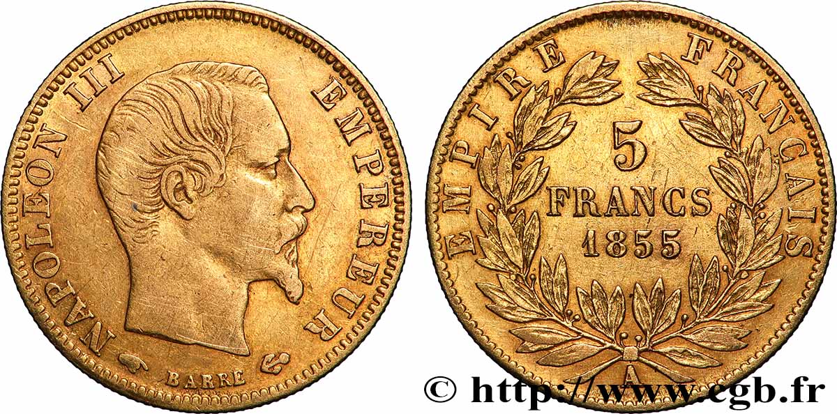 5 francs or Napoléon III, tête nue, grand module 1855 Paris F.501/1 fSS