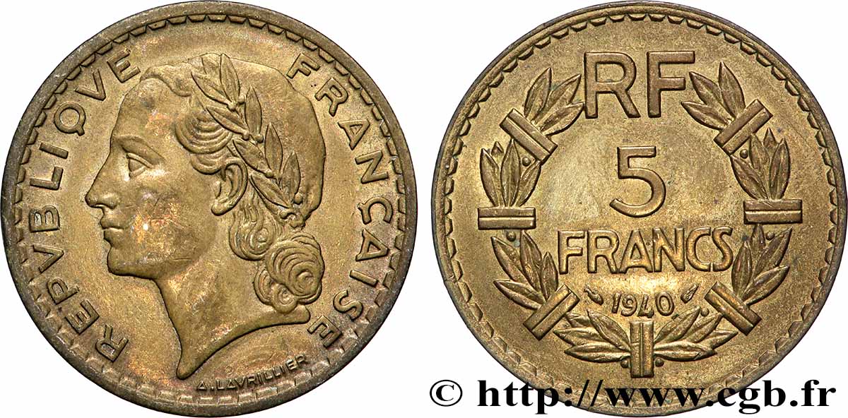 5 francs Lavrillier, bronze-aluminium 1940 F.337/4 SPL