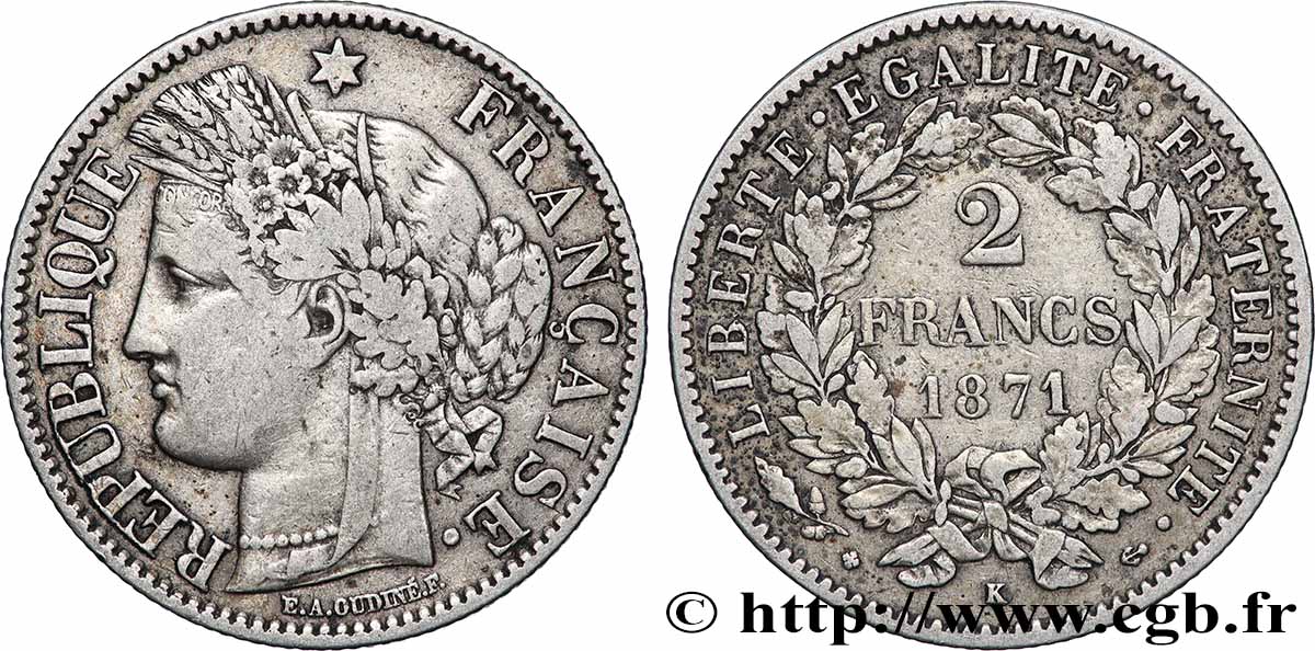 2 francs Cérès, avec légende 1871 Bordeaux F.265/7 TB