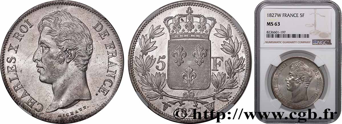 5 francs Charles X, 2e type 1827 Lille F.311/13 MS63 NGC