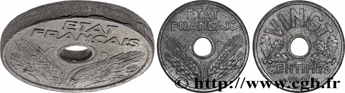 Essai-piéfort de VINGT centimes État français 1941 Paris GEM.51 EP VZ