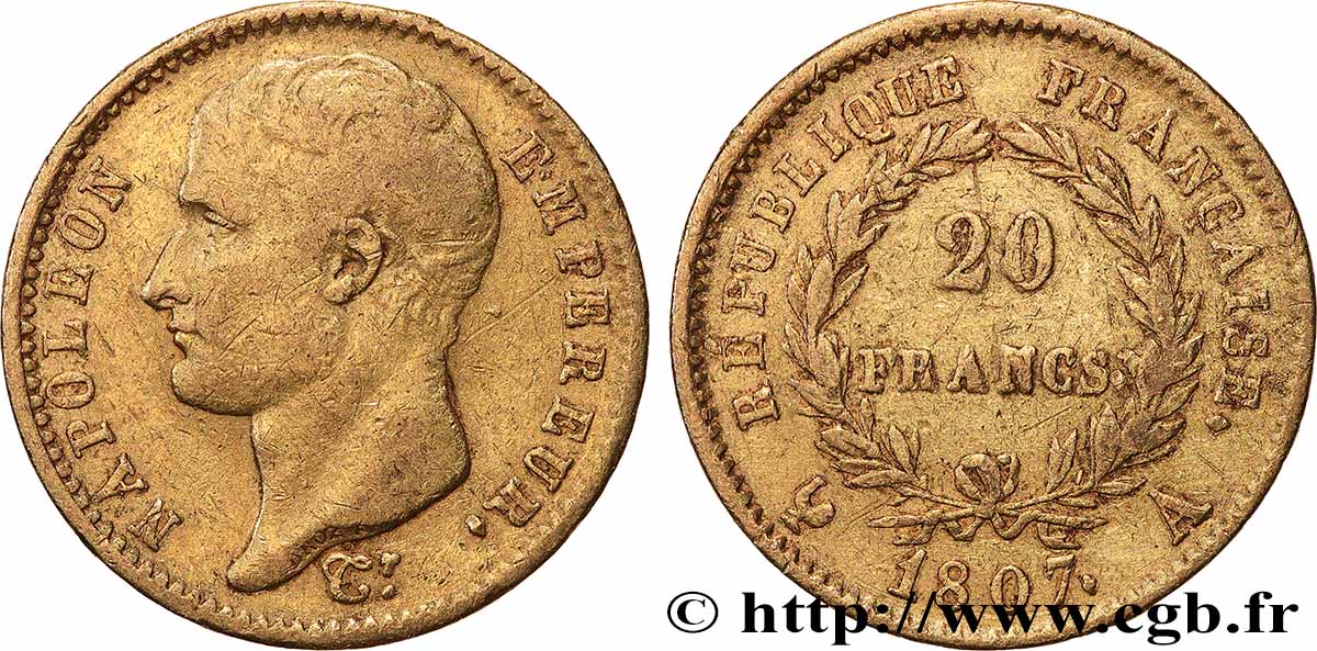 20 francs or Napoléon tête nue, type transitoire 1807 Paris F.514/1 TB+
