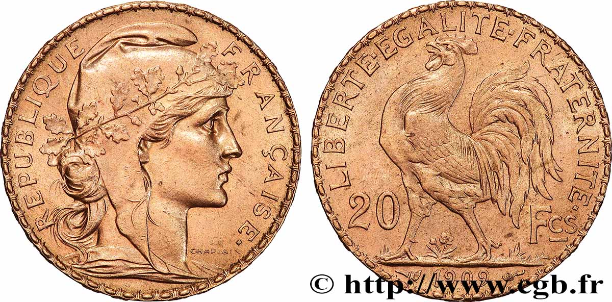 20 francs or Coq, Liberté Égalité Fraternité 1909 Paris F.535/3 SUP