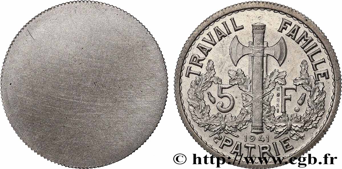 Essai uniface du revers de 5 francs Pétain en cupro-nickel, 1er projet de Bazor 1941 Paris GEM.142 6 VZ+