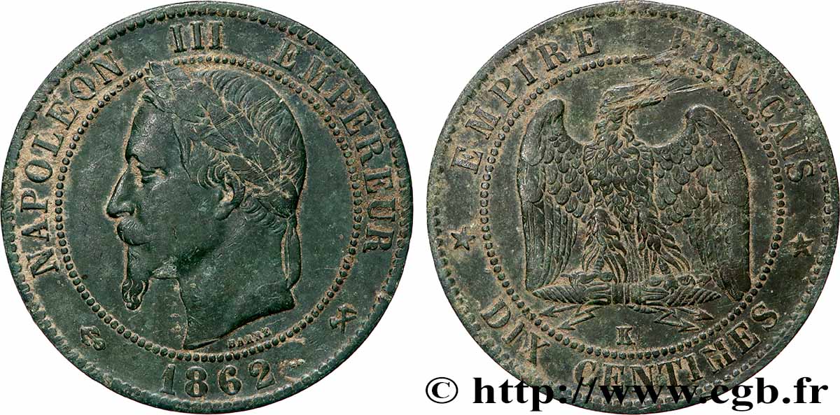 Dix centimes Napoléon III, tête laurée 1862 Bordeaux F.134/9 TB