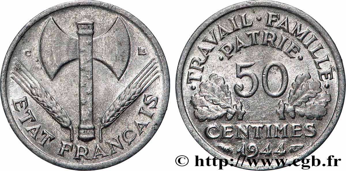 50 centimes Francisque, légère 1944 Castelsarrasin F.196/6 MBC+
