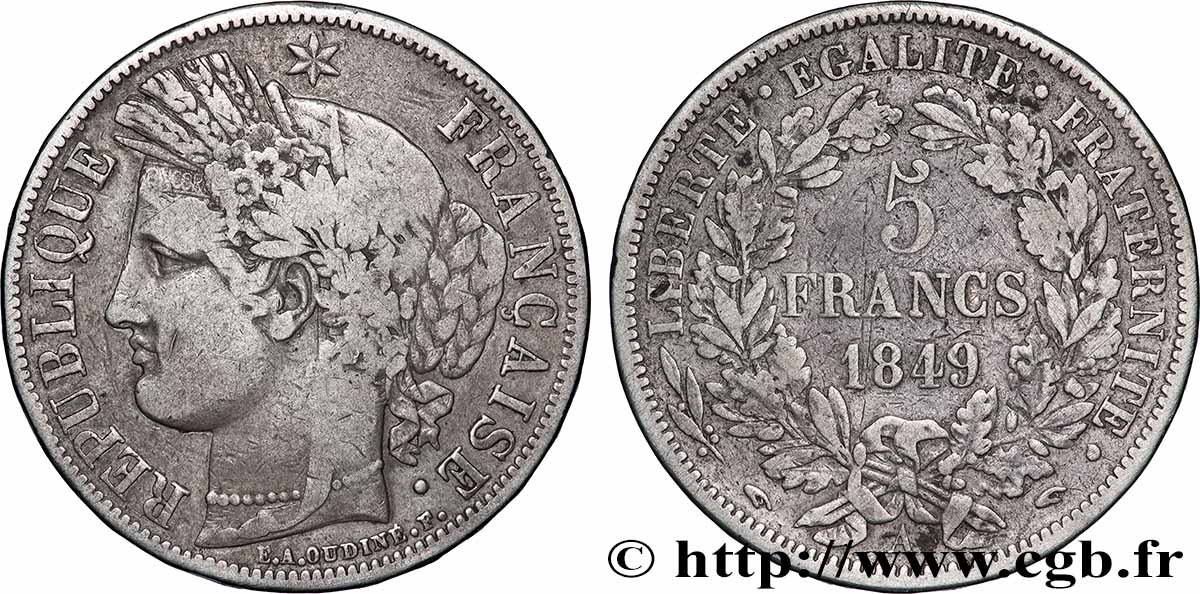 5 francs Cérès, IIe République, Main/Main 1849 Paris F.327/2 VF