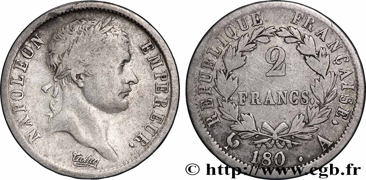 2 francs Napoléon Ier tête laurée, République française 180 Paris F.254/1 VF