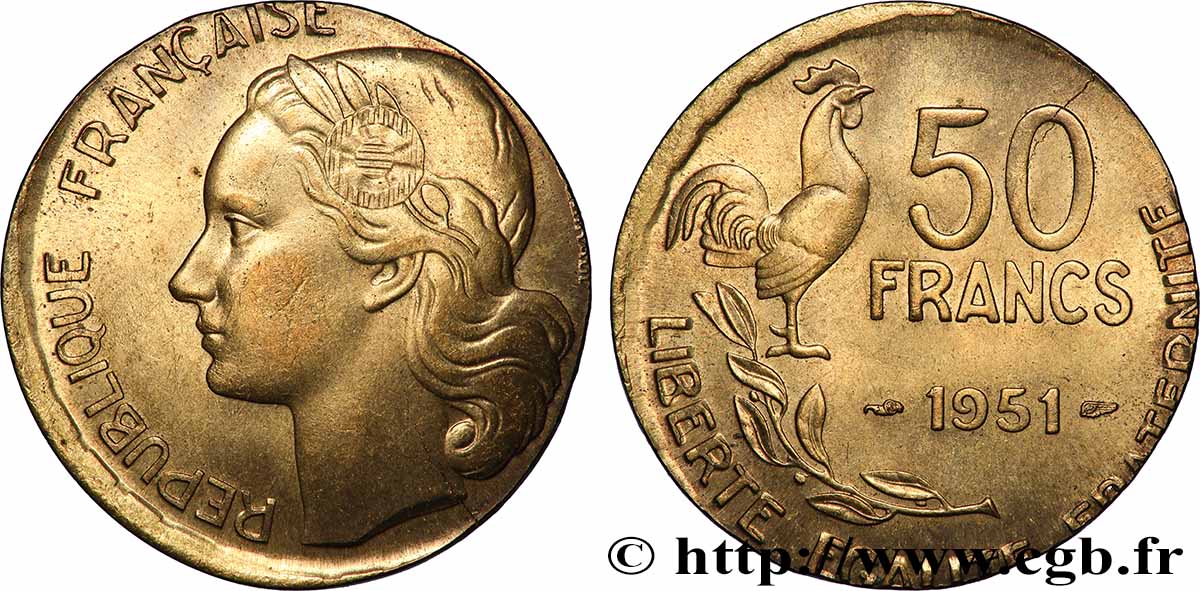 50 francs Guiraud, Fautée frappé sur un flan de 20 Francs 1951 F.425/5 var. MS